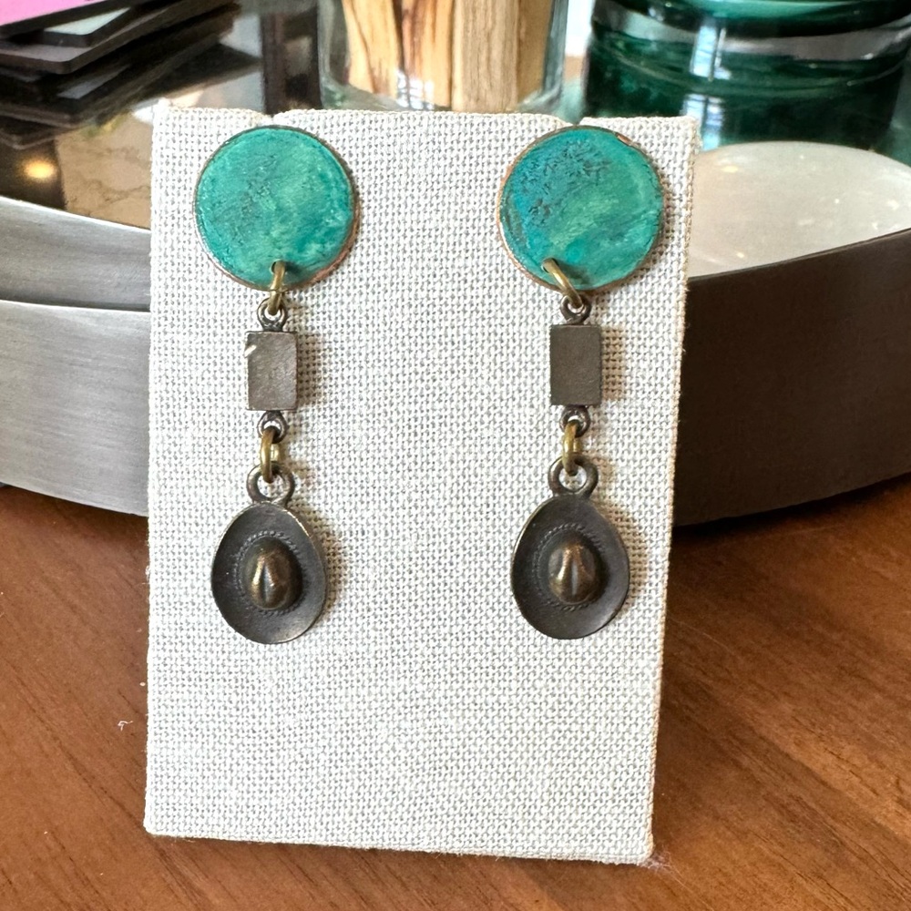 Artisan Copper and Brass Cowboy Hat Earrings